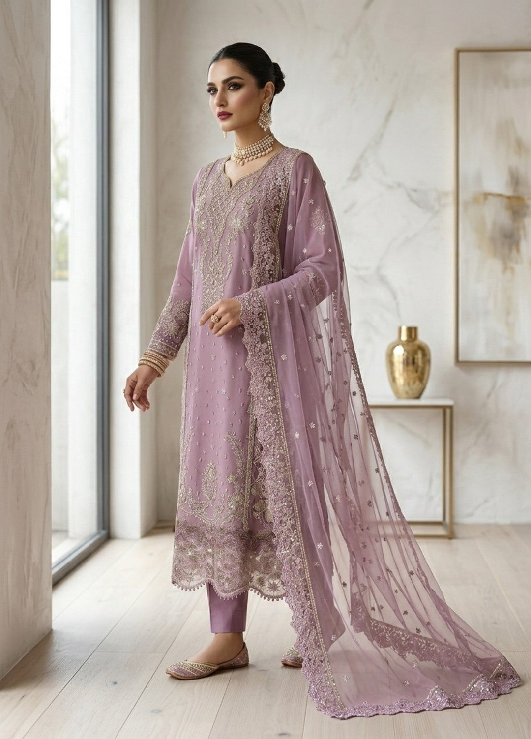 Regalia by Diara Couture RTW Embroidered Organza 3 Piece Suit RAHEELA UN-1003 GREY - Festive Collection