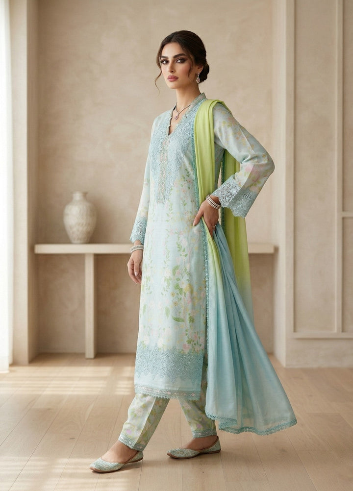 Regalia by Diara Couture RTW Embroidered Raw Silk 3 Piece Suit SORELLE DPR-01 AQUA - Festive Collection