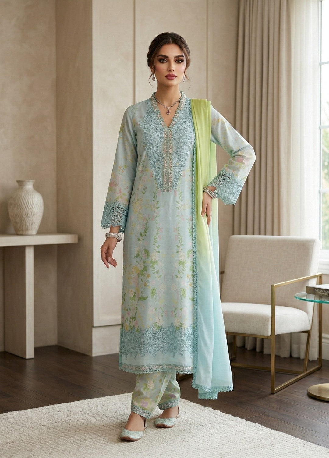 Regalia by Diara Couture RTW Embroidered Raw Silk 3 Piece Suit SORELLE DPR-01 AQUA - Festive Collection