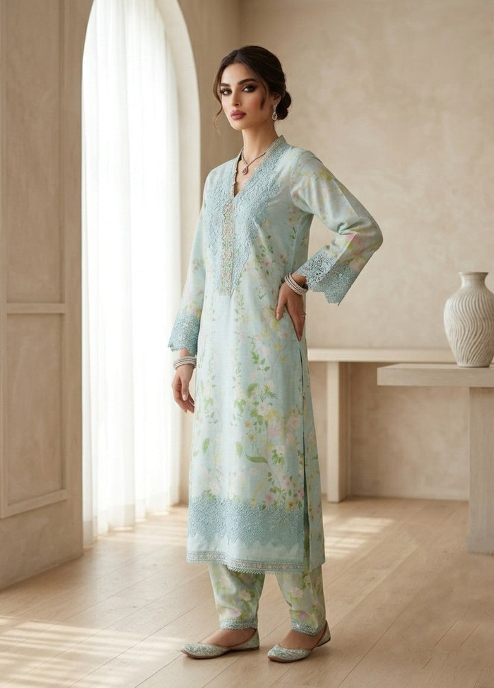 Regalia by Diara Couture RTW Embroidered Raw Silk 3 Piece Suit SORELLE DPR-01 AQUA - Festive Collection
