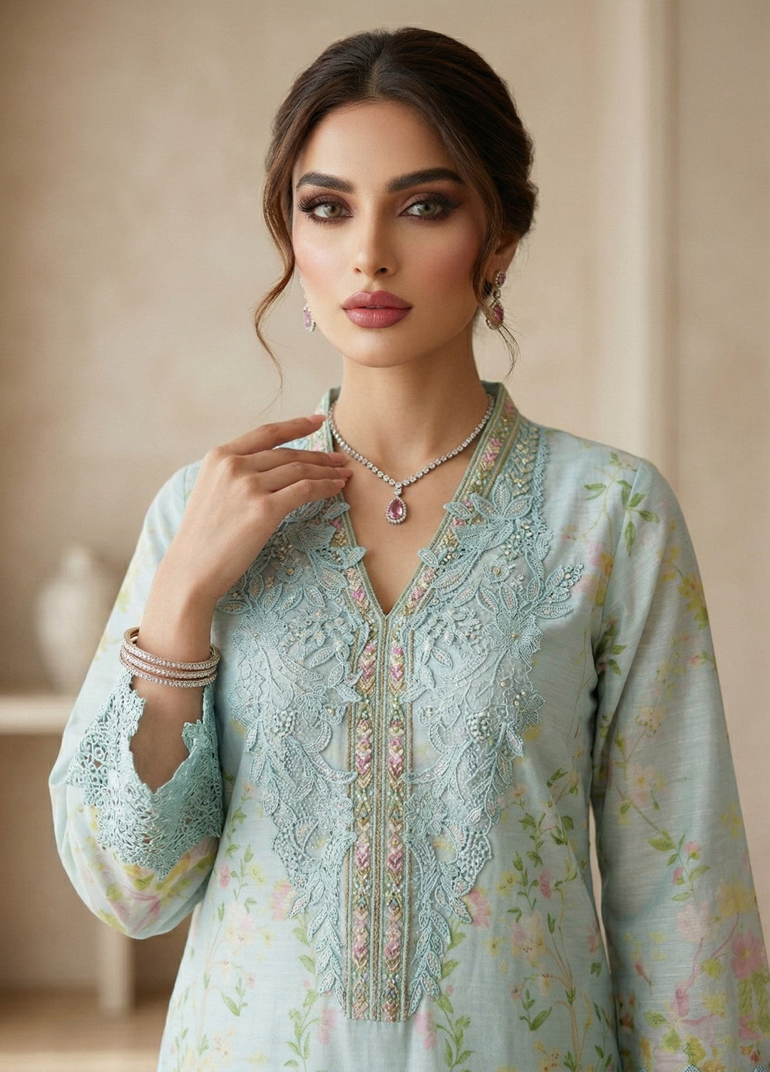 Regalia by Diara Couture RTW Embroidered Raw Silk 3 Piece Suit SORELLE DPR-01 AQUA - Festive Collection