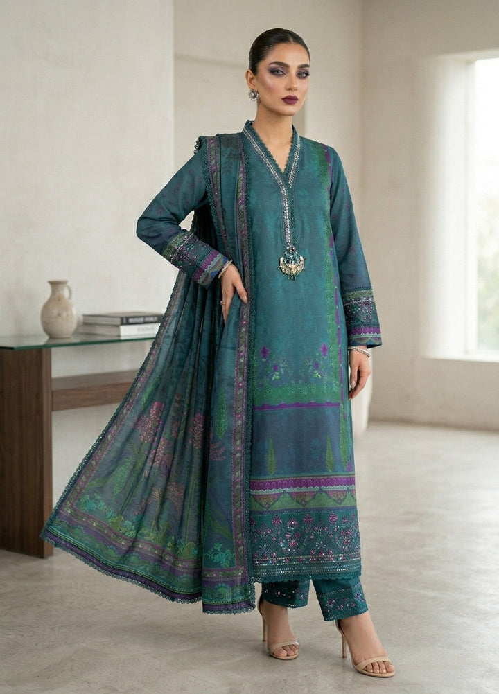 Regalia by Diara Couture RTW Embroidered Raw Silk 3 Piece Suit FAKHIRA DPR-09 BOTTLE GREEN - Festive Collection