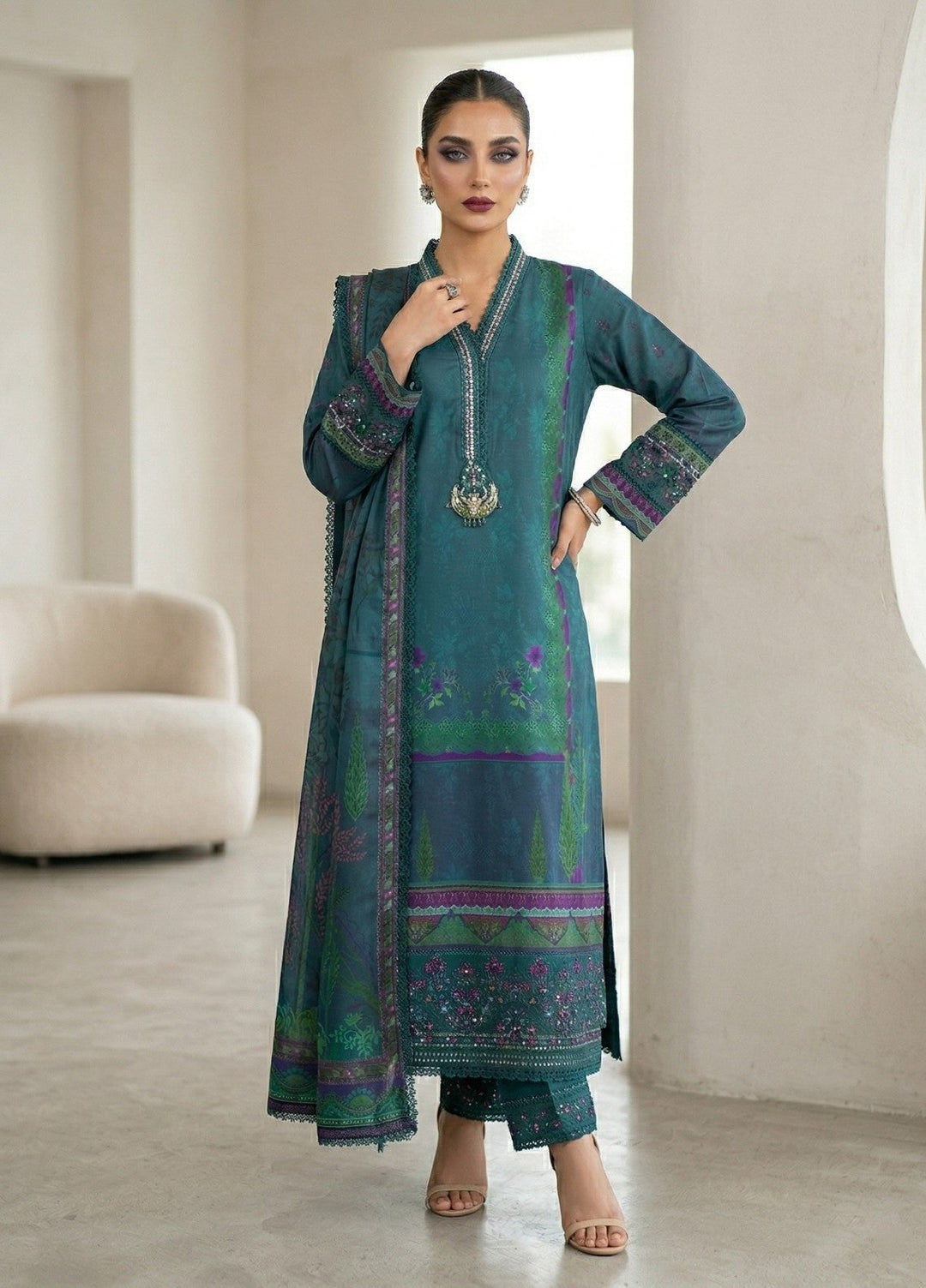 Regalia by Diara Couture RTW Embroidered Raw Silk 3 Piece Suit FAKHIRA DPR-09 BOTTLE GREEN - Festive Collection