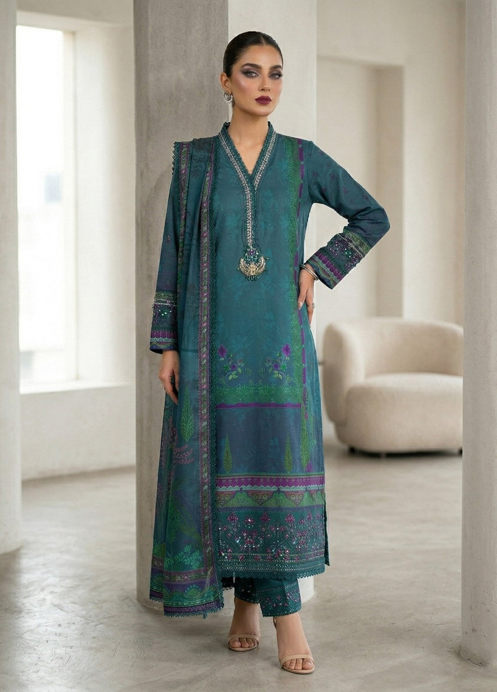 Regalia by Diara Couture RTW Embroidered Raw Silk 3 Piece Suit FAKHIRA DPR-09 BOTTLE GREEN - Festive Collection