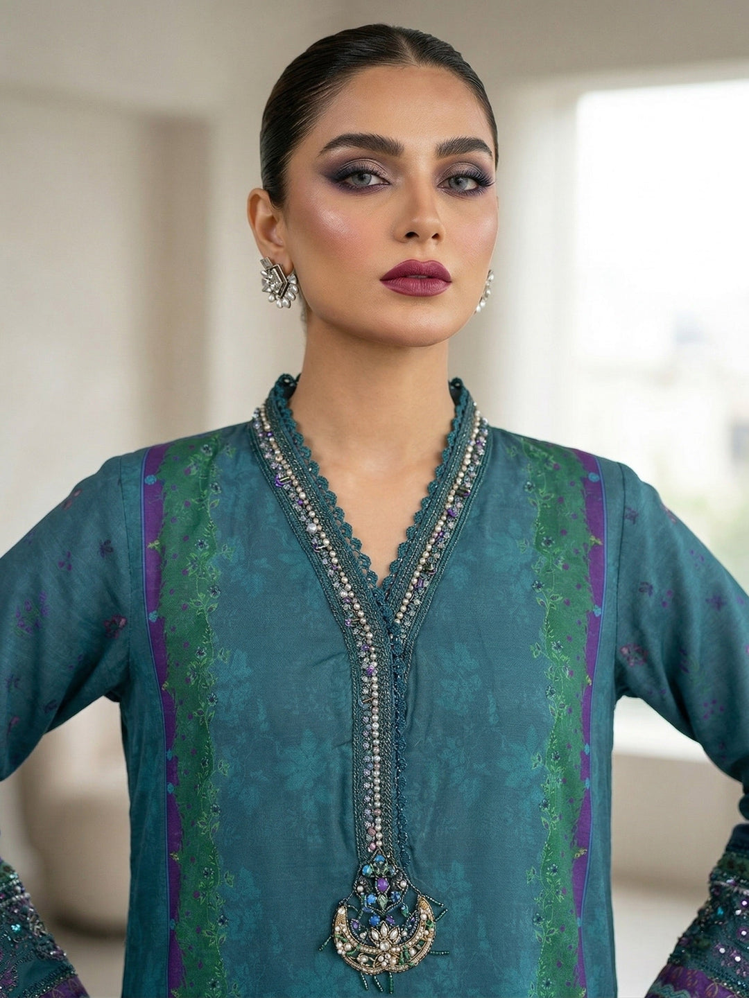 Regalia by Diara Couture RTW Embroidered Raw Silk 3 Piece Suit FAKHIRA DPR-09 BOTTLE GREEN - Festive Collection