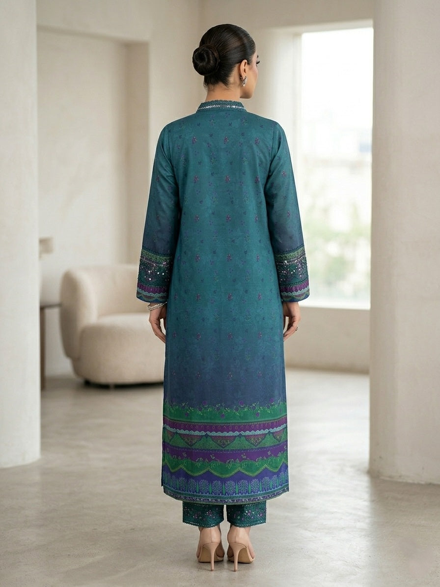 Regalia by Diara Couture RTW Embroidered Raw Silk 3 Piece Suit FAKHIRA DPR-09 BOTTLE GREEN - Festive Collection