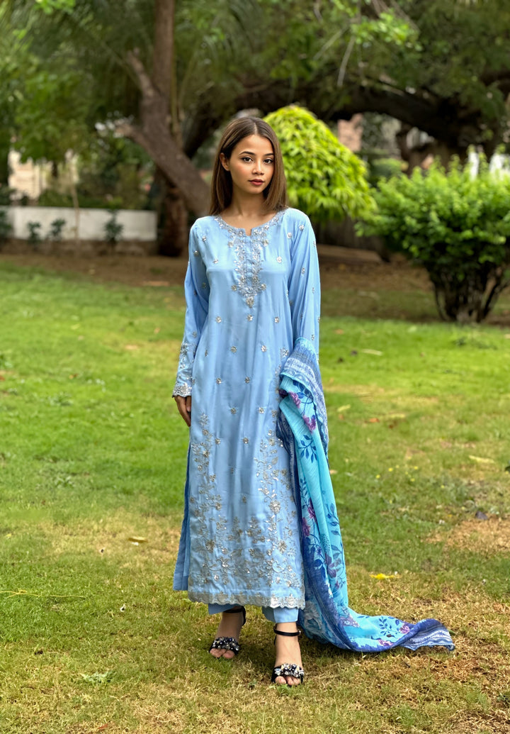Blossom Aroma from Khuwab by Kazma RTW Mix Cotton Embroidered 3 Piece Suit Bluebell Grace - Casual Collection