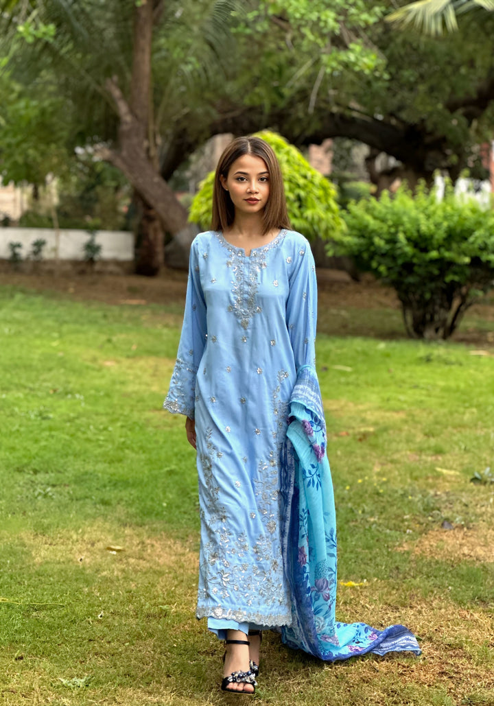 Blossom Aroma from Khuwab by Kazma RTW Mix Cotton Embroidered 3 Piece Suit Bluebell Grace - Casual Collection
