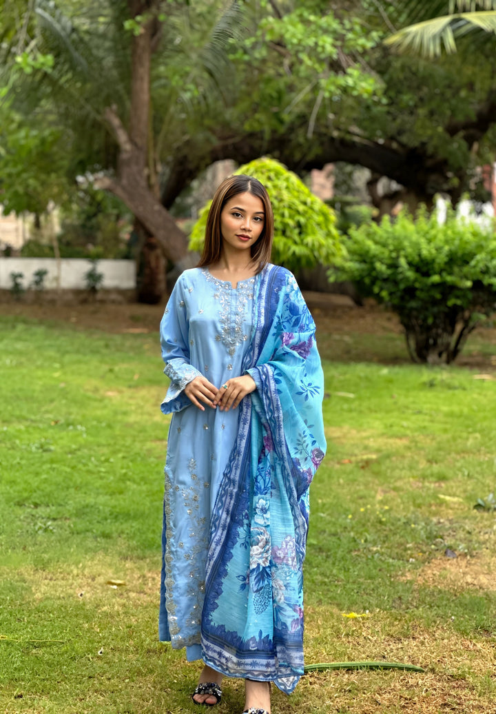 Blossom Aroma from Khuwab by Kazma RTW Mix Cotton Embroidered 3 Piece Suit Bluebell Grace - Casual Collection