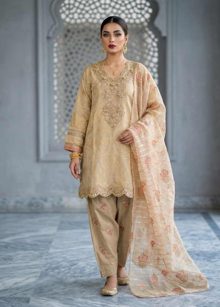 Elara By Diara Couture Women RTW Embroidered Jacquard 3 Piece Suit JK-30 Beige - Eid Collection