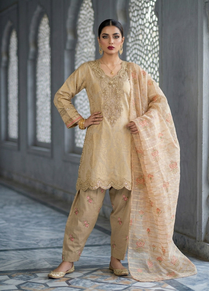 Elara By Diara Couture Women RTW Embroidered Jacquard 3 Piece Suit JK-30 Beige - Eid Collection