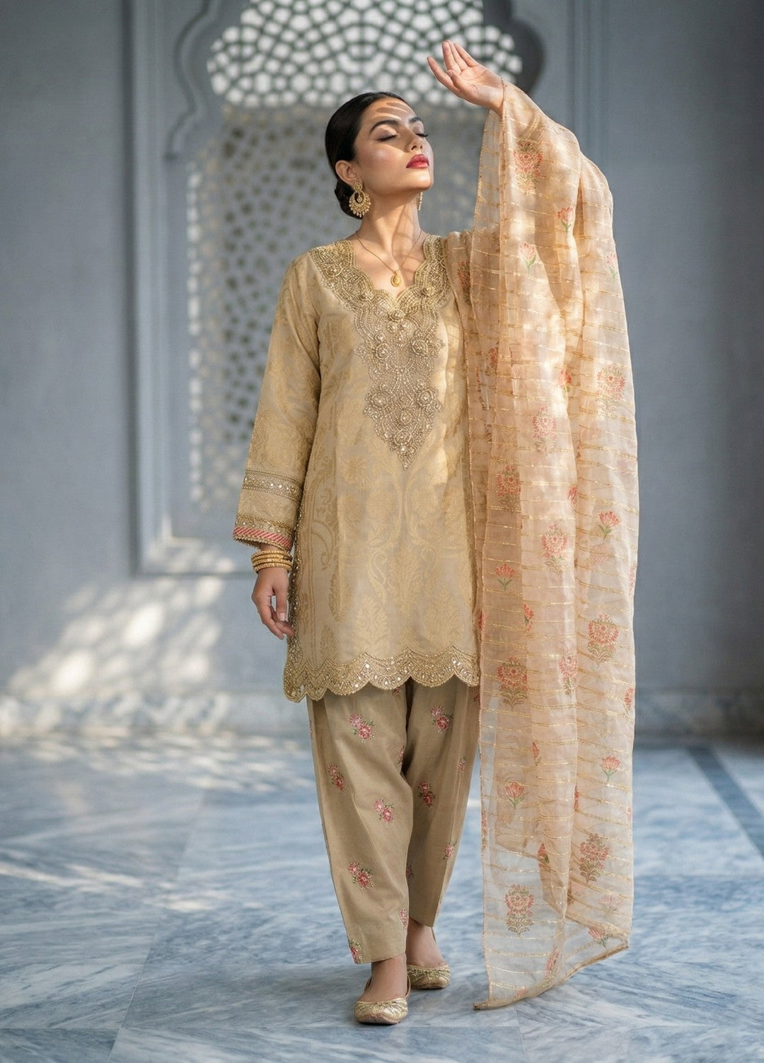 Elara By Diara Couture Women RTW Embroidered Jacquard 3 Piece Suit JK-30 Beige - Eid Collection
