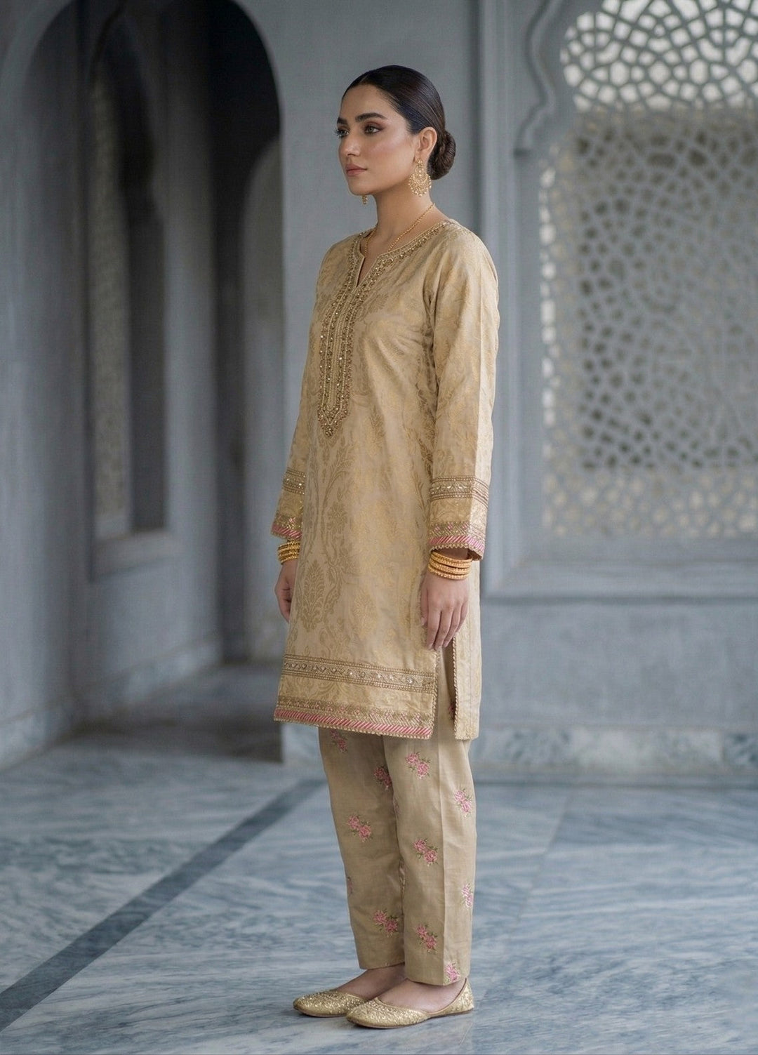 Elara By Diara Couture Women RTW Embroidered Jacquard 3 Piece Suit JK-30 Beige - Eid Collection