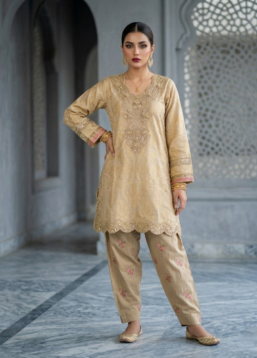 Elara By Diara Couture Women RTW Embroidered Jacquard 3 Piece Suit JK-30 Beige - Eid Collection