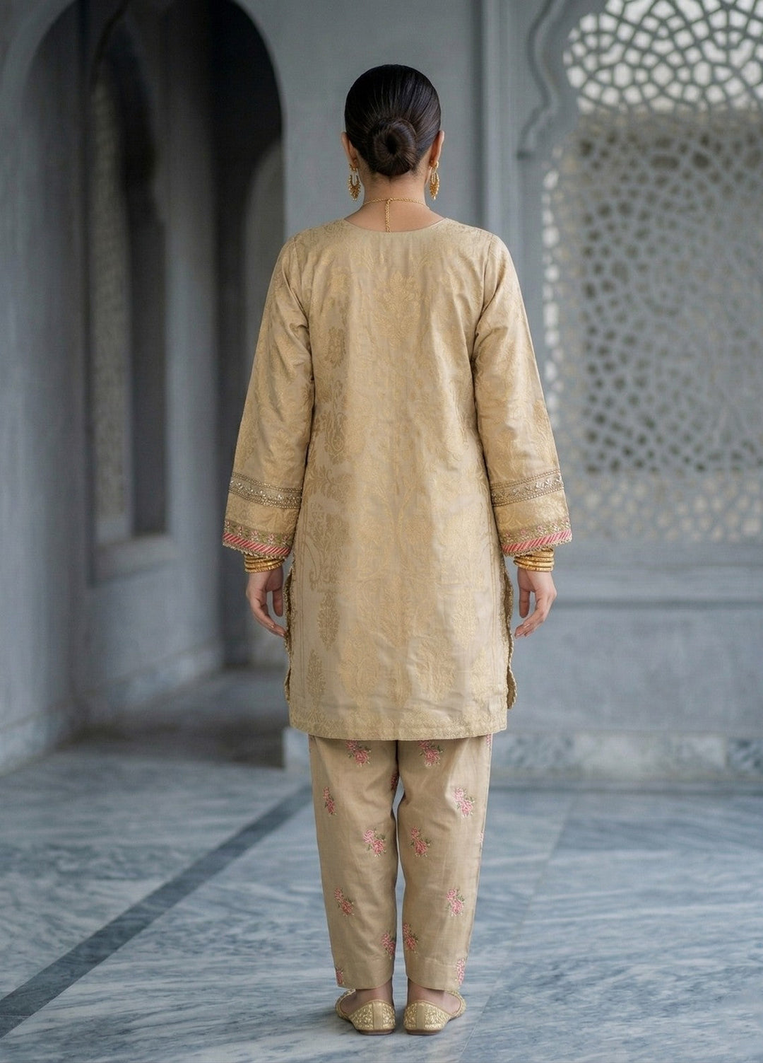 Elara By Diara Couture Women RTW Embroidered Jacquard 3 Piece Suit JK-30 Beige - Eid Collection