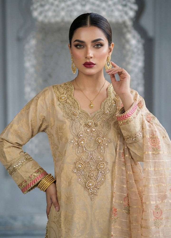 Elara By Diara Couture Women RTW Embroidered Jacquard 3 Piece Suit JK-30 Beige - Eid Collection