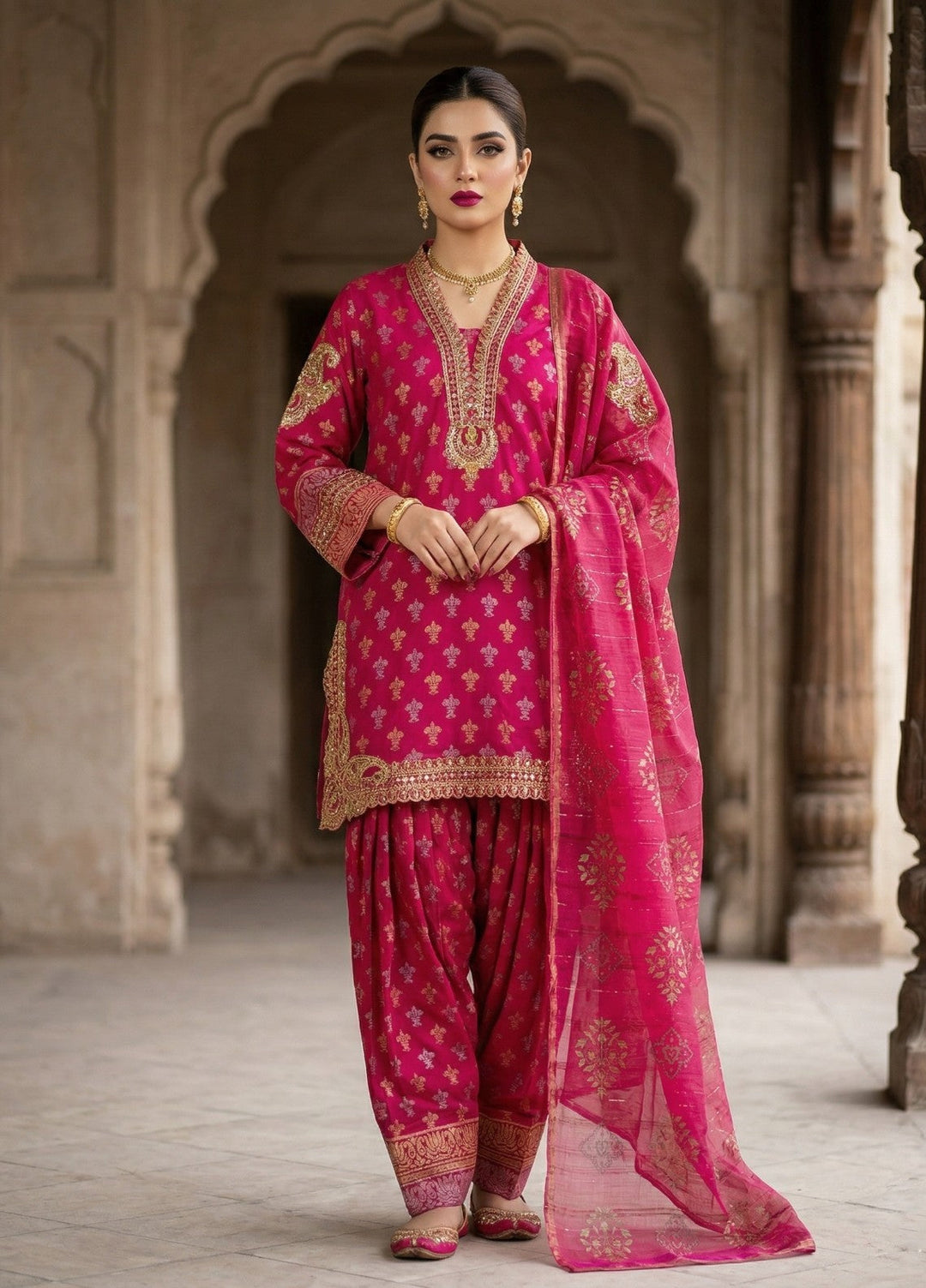 Elara By Diara Couture Women RTW Embroidered Jacquard 3 Piece Suit JK-24 Shocking Pink - Eid Collection