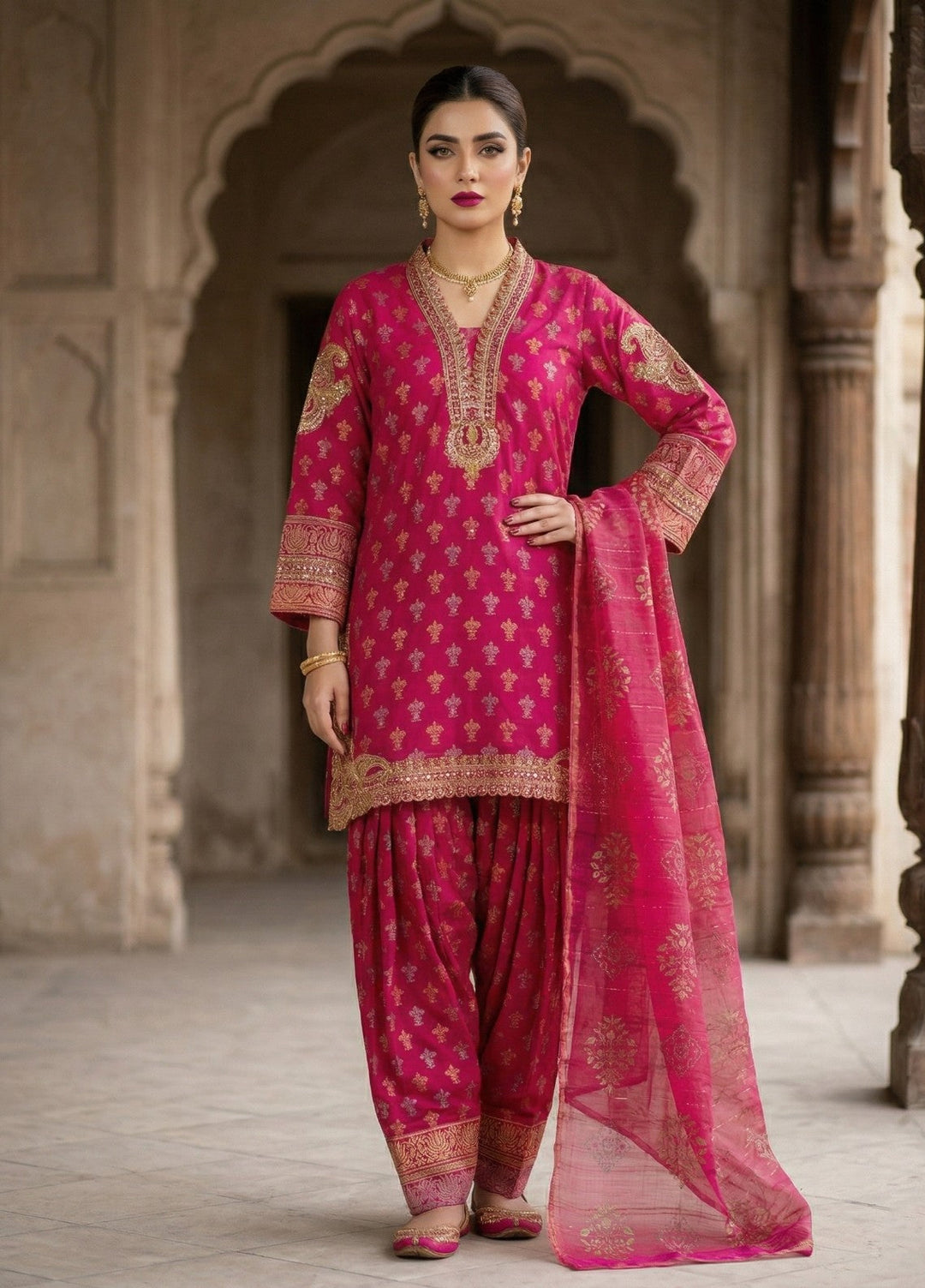 Elara By Diara Couture Women RTW Embroidered Jacquard 3 Piece Suit JK-24 Shocking Pink - Eid Collection