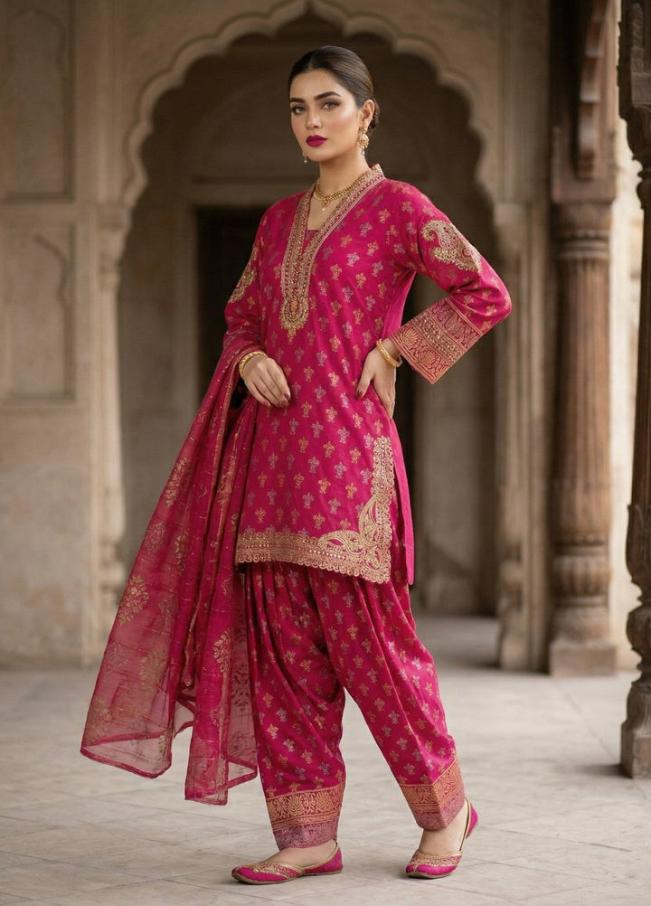 Elara By Diara Couture Women RTW Embroidered Jacquard 3 Piece Suit JK-24 Shocking Pink - Eid Collection