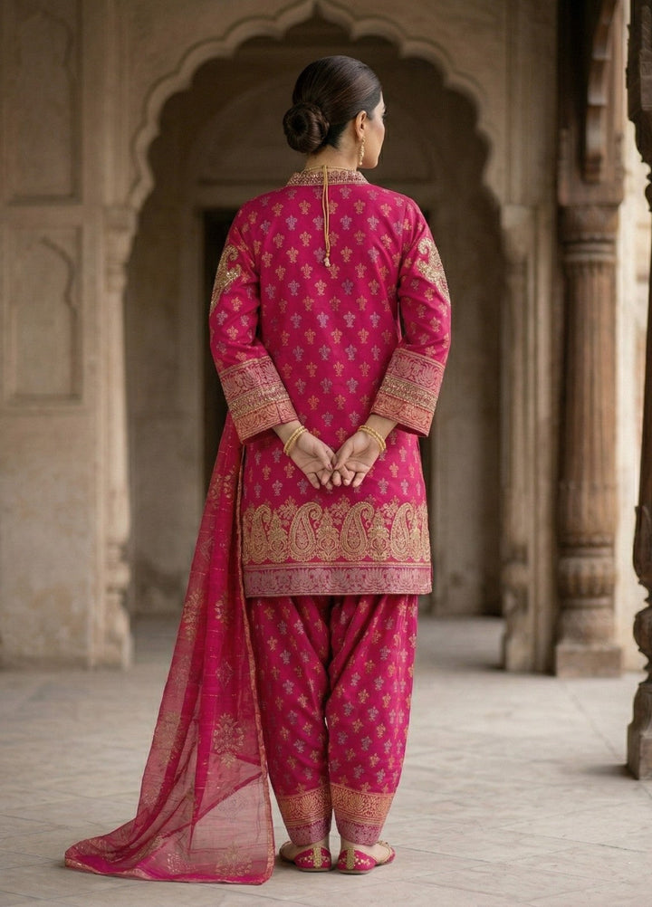 Elara By Diara Couture Women RTW Embroidered Jacquard 3 Piece Suit JK-24 Shocking Pink - Eid Collection