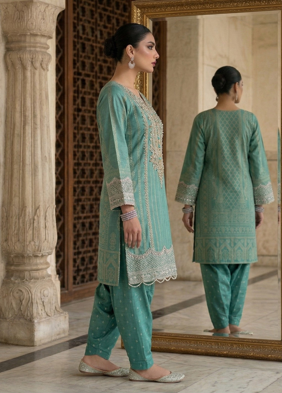 Elara By Diara Couture Women RTW Embroidered Jacquard 3 Piece Suit JK-28 Aqua - Eid Collection