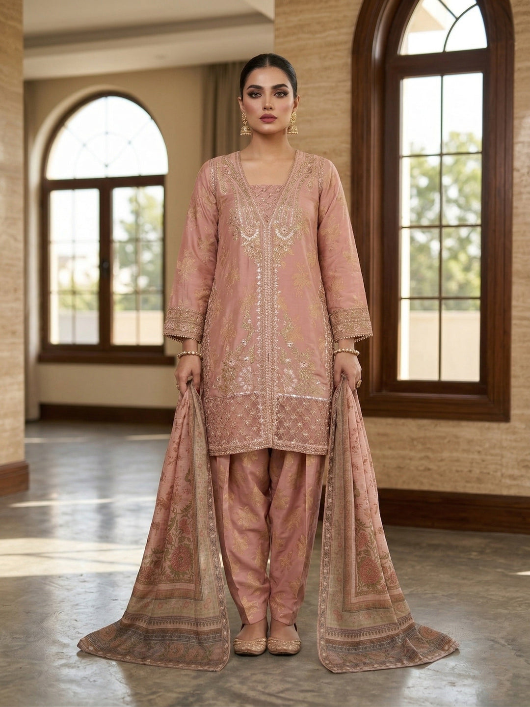 Elara By Diara Couture Women RTW Embroidered Jacquard 3 Piece Suit JK026 Peach - Eid Collection
