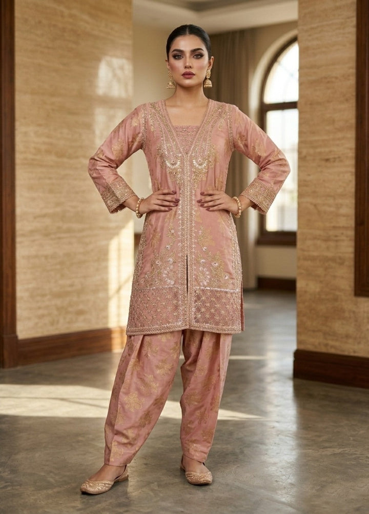 Elara By Diara Couture Women RTW Embroidered Jacquard 3 Piece Suit JK026 Peach - Eid Collection