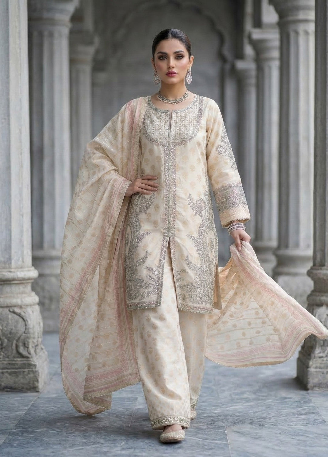 Elara By Diara Couture Women RTW Embroidered Lawn 3 Piece Suit JK-25 Ivory - Eid Collection
