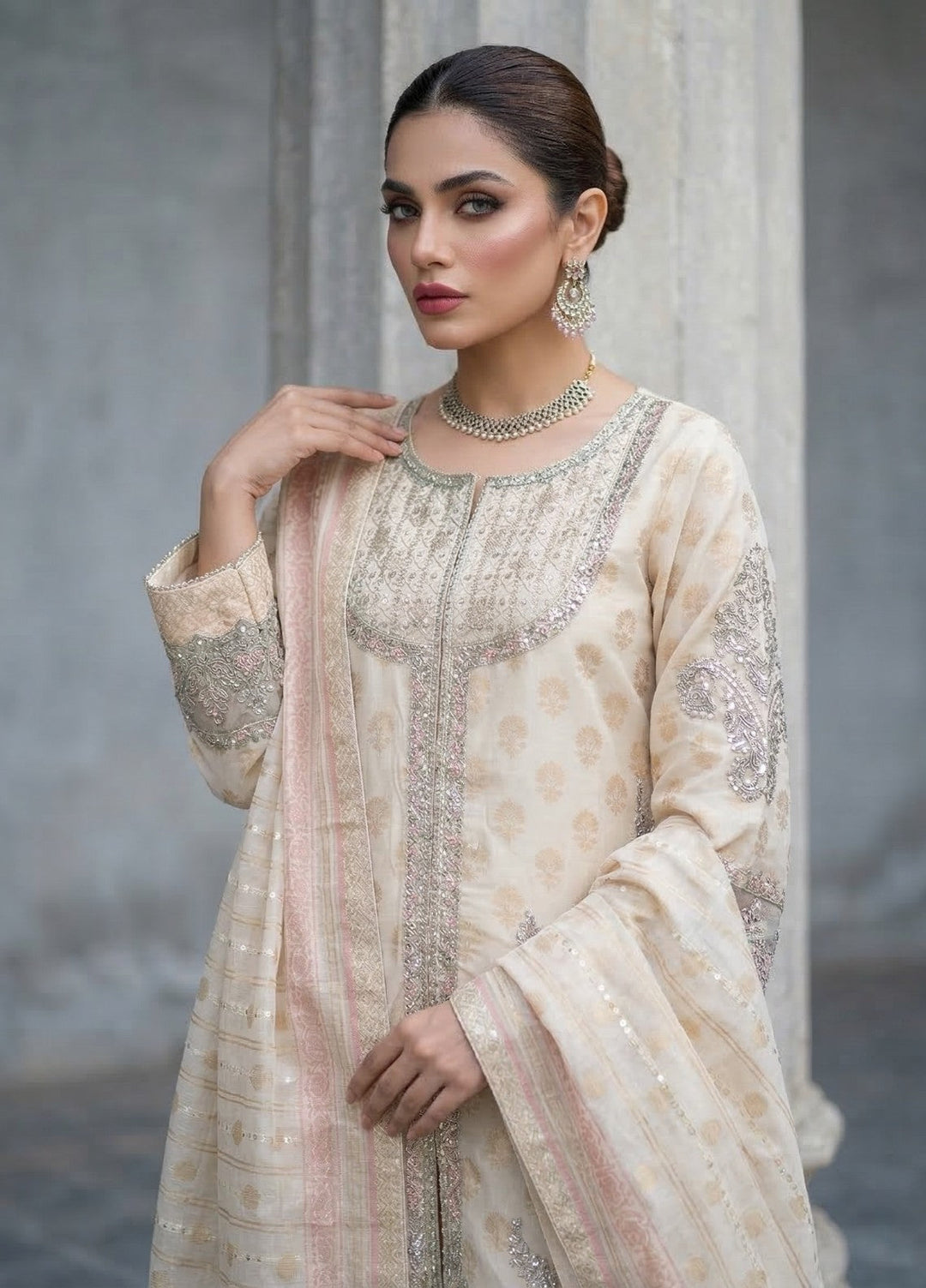 Elara By Diara Couture Women RTW Embroidered Lawn 3 Piece Suit JK-25 Ivory - Eid Collection