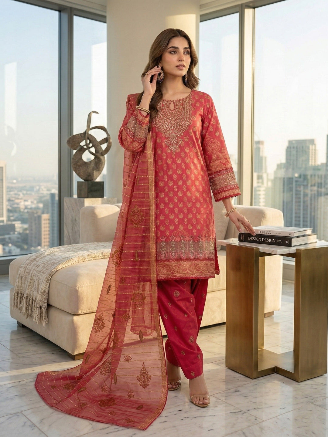 Elara By Diara Couture Women RTW Embroidered Jacquard 3 Piece Suit JK-23 Red - Eid Collection