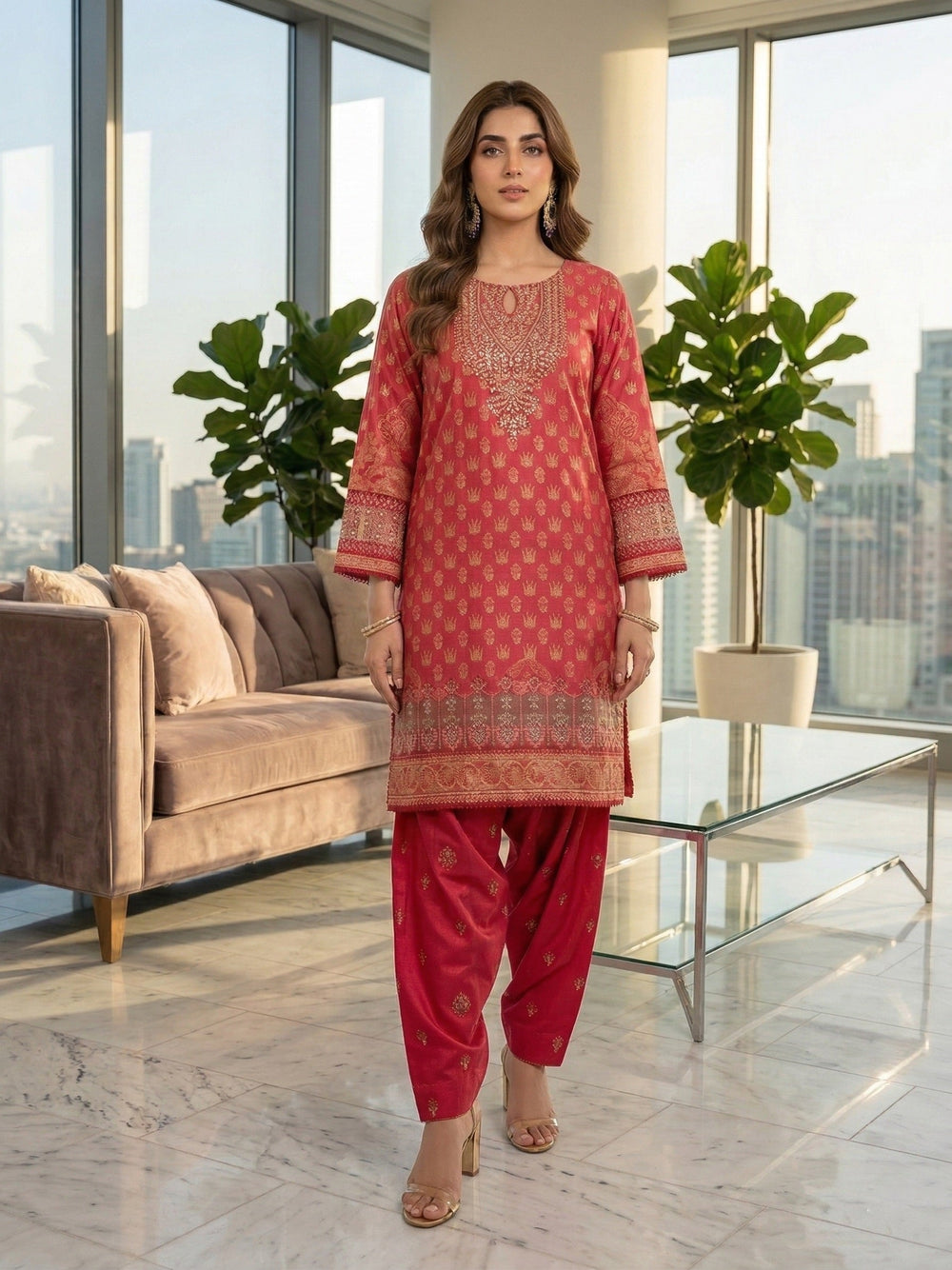 Elara By Diara Couture Women RTW Embroidered Jacquard 3 Piece Suit JK-23 Red - Eid Collection