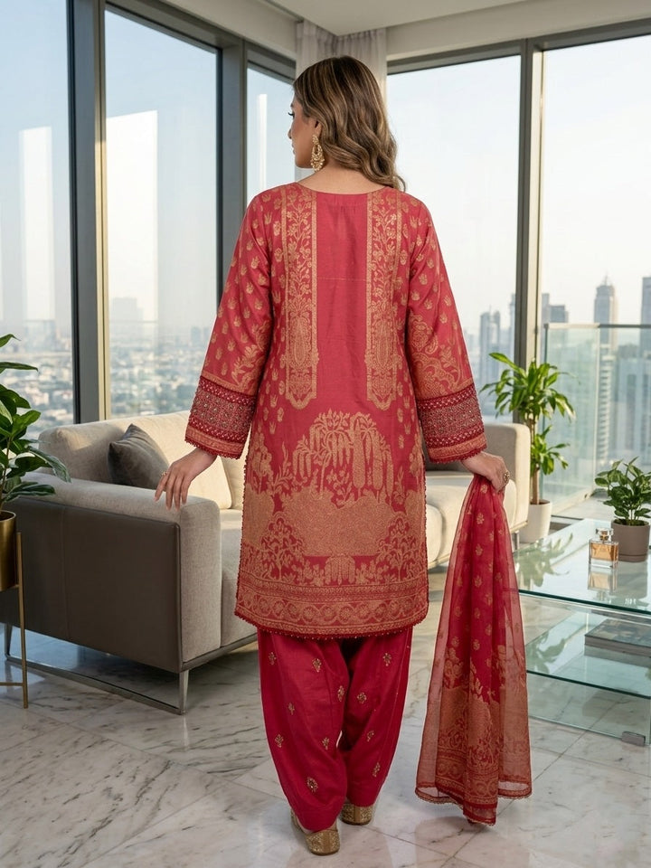 Elara By Diara Couture Women RTW Embroidered Jacquard 3 Piece Suit JK-23 Red - Eid Collection