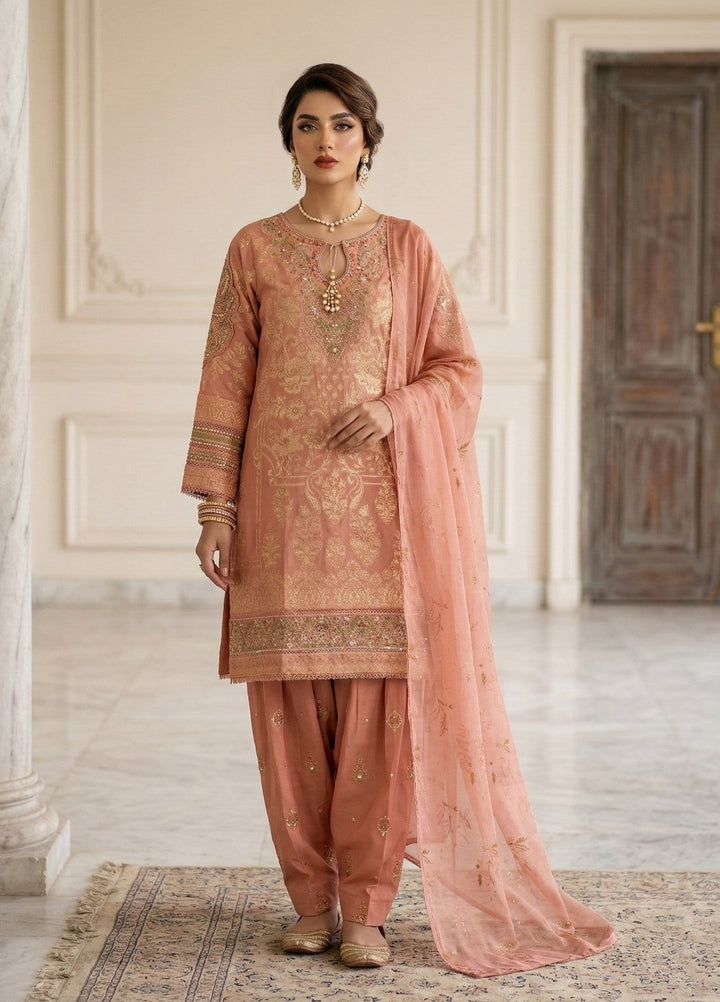 Elara By Diara Couture Women RTW Embroidered Lawn 3 Piece Suit JK-29 Peach - Eid Collection