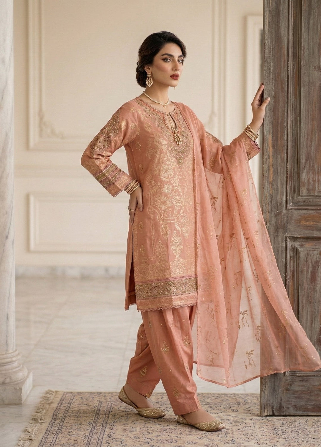 Elara By Diara Couture Women RTW Embroidered Lawn 3 Piece Suit JK-29 Peach - Eid Collection