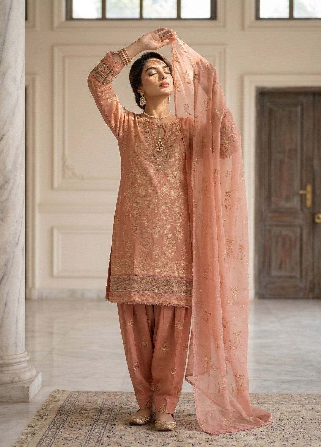 Elara By Diara Couture Women RTW Embroidered Lawn 3 Piece Suit JK-29 Peach - Eid Collection