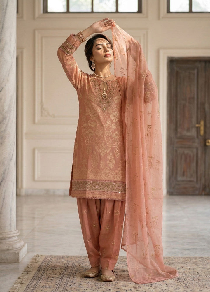 Elara By Diara Couture Women RTW Embroidered Lawn 3 Piece Suit JK-29 Peach - Eid Collection