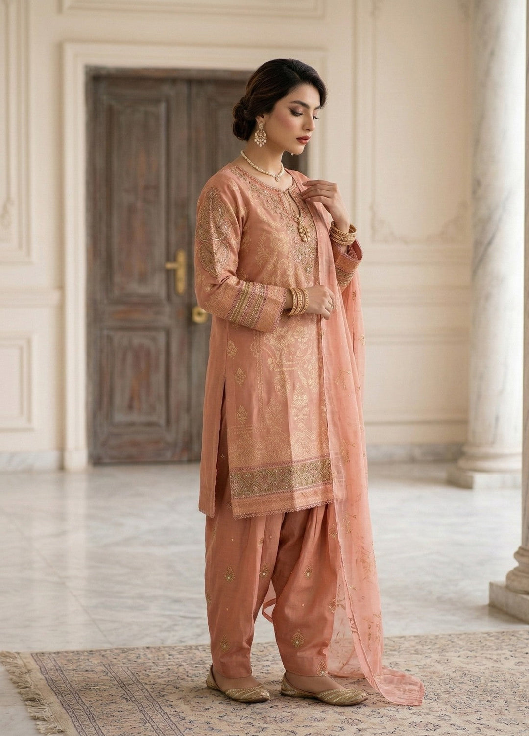 Elara By Diara Couture Women RTW Embroidered Lawn 3 Piece Suit JK-29 Peach - Eid Collection