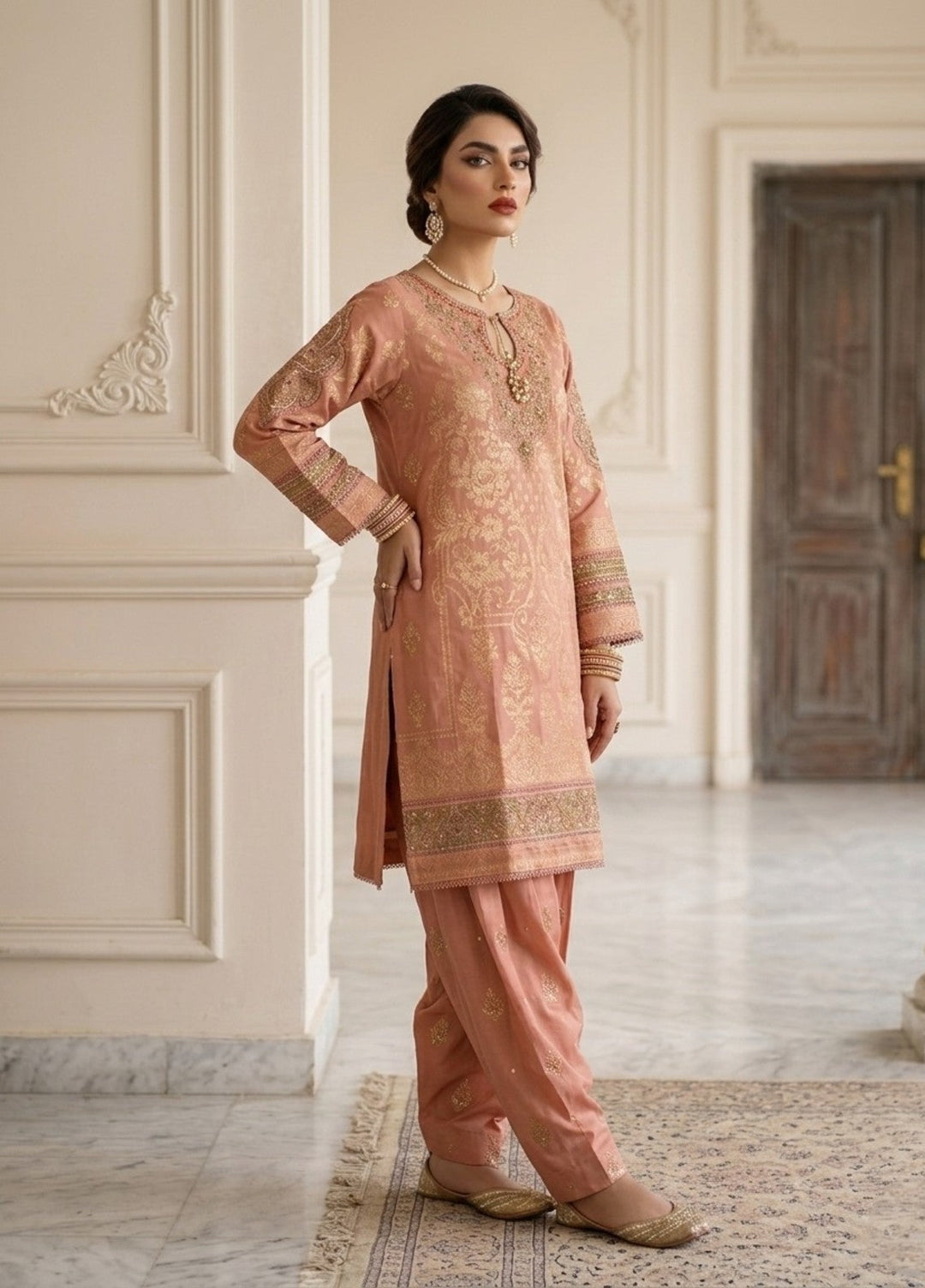 Elara By Diara Couture Women RTW Embroidered Lawn 3 Piece Suit JK-29 Peach - Eid Collection