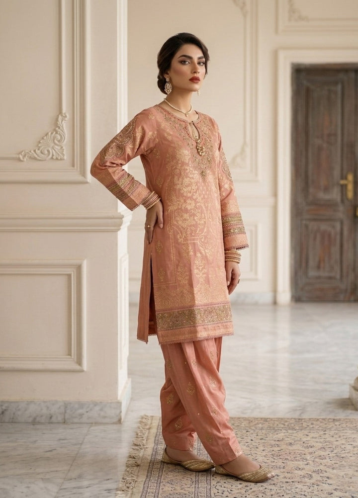 Elara By Diara Couture Women RTW Embroidered Lawn 3 Piece Suit JK-29 Peach - Eid Collection
