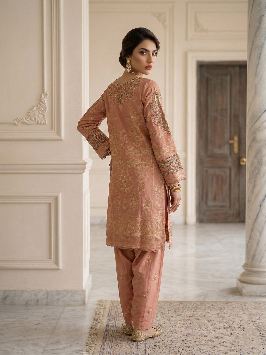 Elara By Diara Couture Women RTW Embroidered Lawn 3 Piece Suit JK-29 Peach - Eid Collection