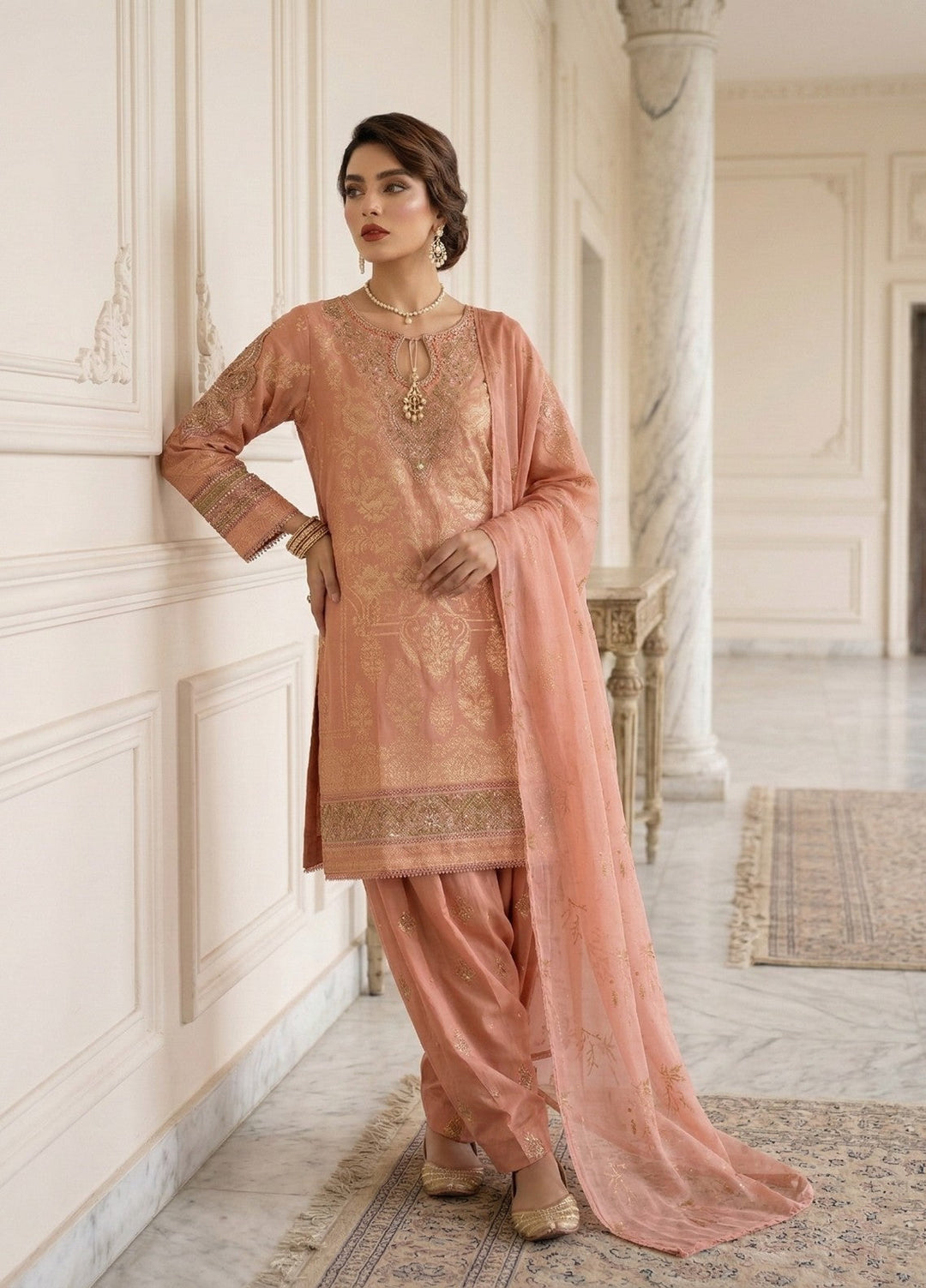 Elara By Diara Couture Women RTW Embroidered Lawn 3 Piece Suit JK-29 Peach - Eid Collection