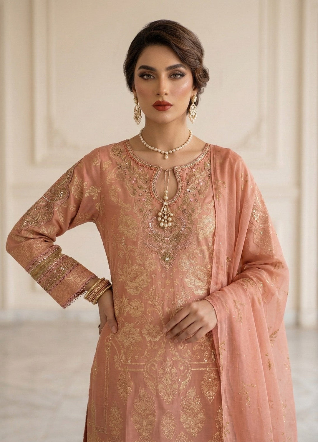 Elara By Diara Couture Women RTW Embroidered Lawn 3 Piece Suit JK-29 Peach - Eid Collection