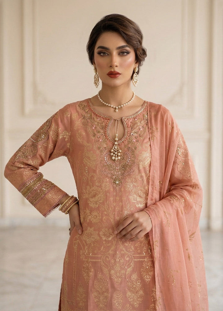 Elara By Diara Couture Women RTW Embroidered Lawn 3 Piece Suit JK-29 Peach - Eid Collection