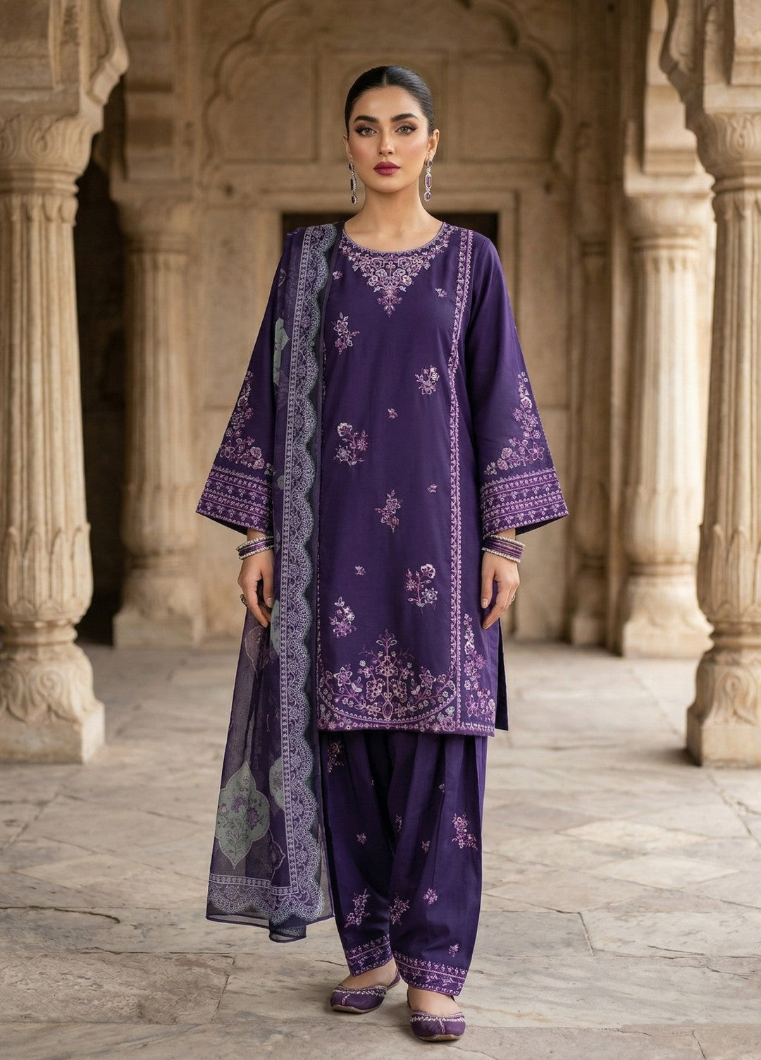 Zayra by Diara Couture RTW Embroidered Cotton 3 Piece Suit RIWAAZ ZP-71 PURPLE  - Festive Collection