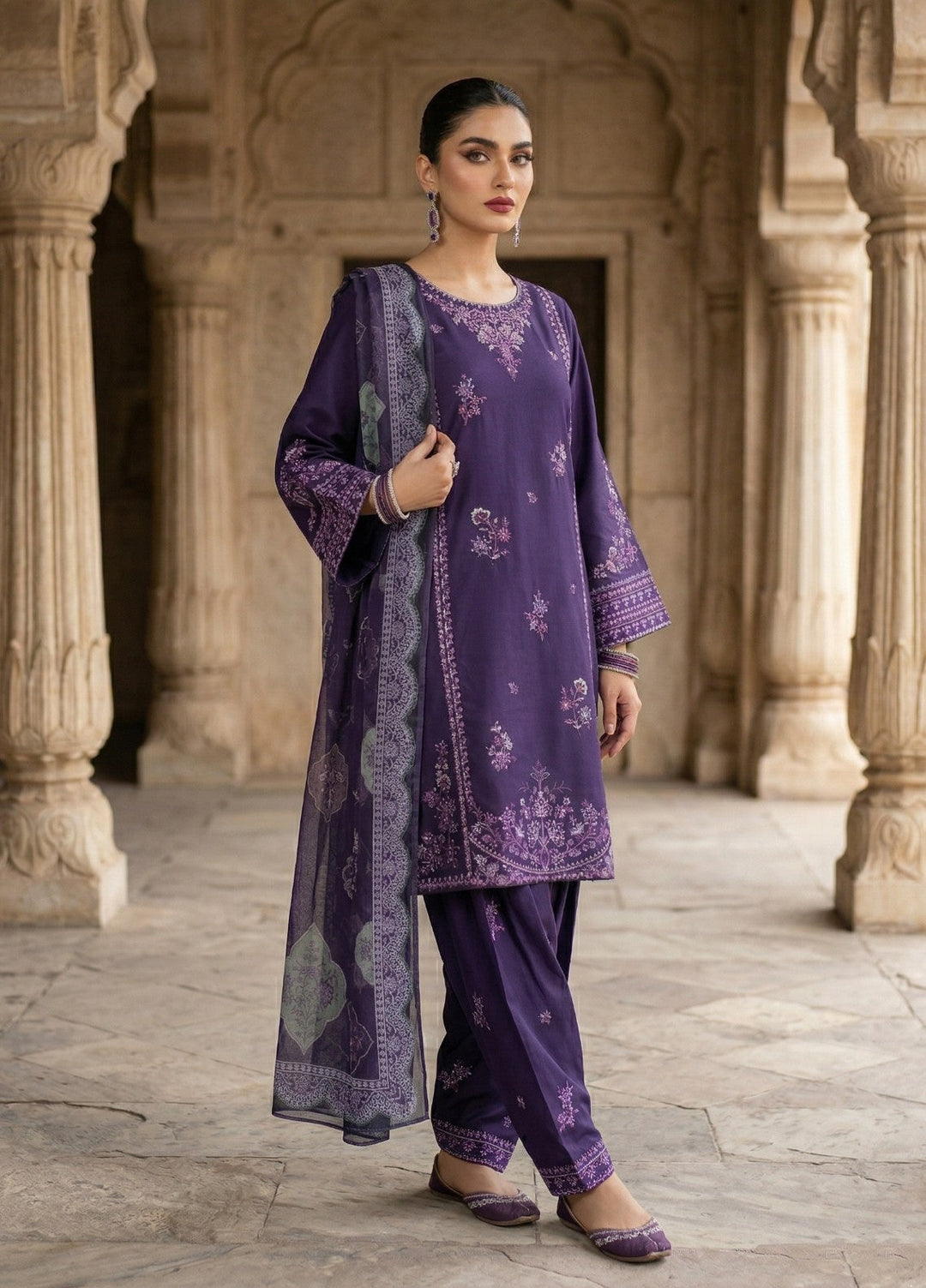Zayra by Diara Couture RTW Embroidered Cotton 3 Piece Suit RIWAAZ ZP-71 PURPLE  - Festive Collection