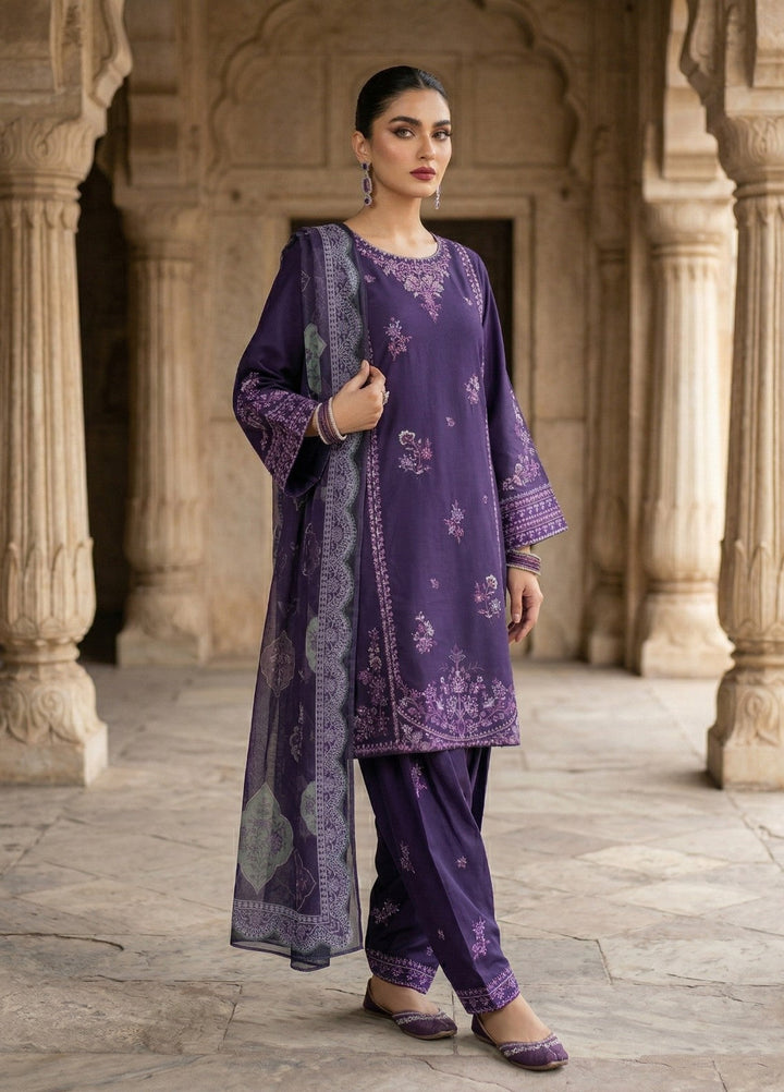 Zayra by Diara Couture RTW Embroidered Cotton 3 Piece Suit RIWAAZ ZP-71 PURPLE  - Festive Collection