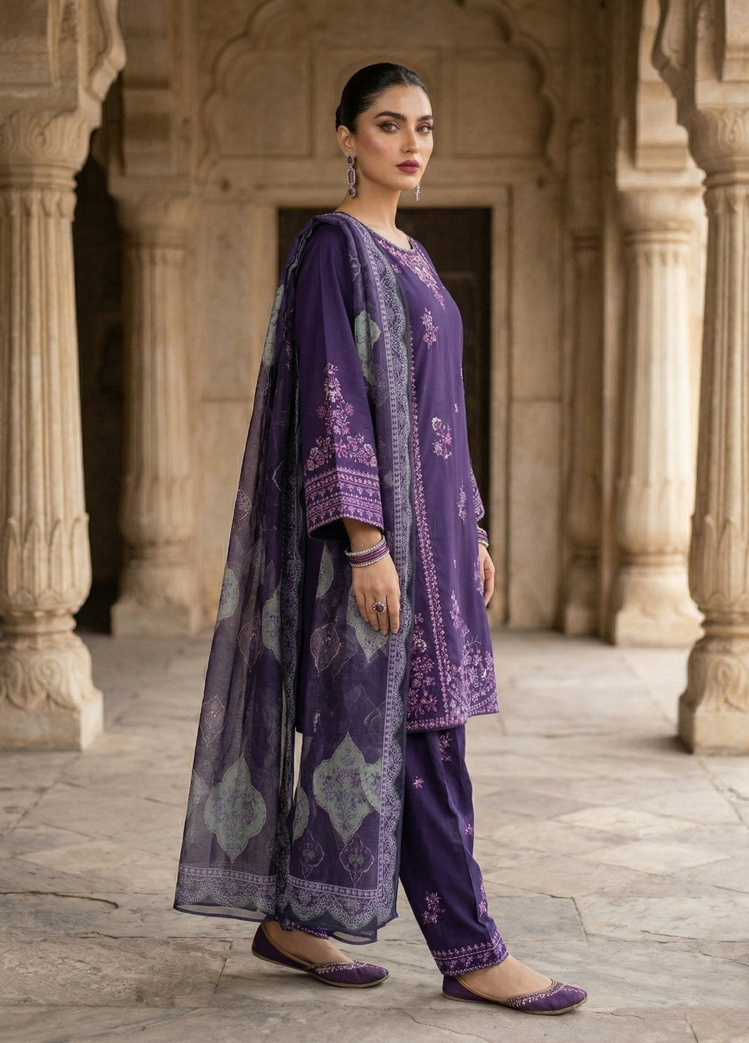 Zayra by Diara Couture RTW Embroidered Cotton 3 Piece Suit RIWAAZ ZP-71 PURPLE  - Festive Collection
