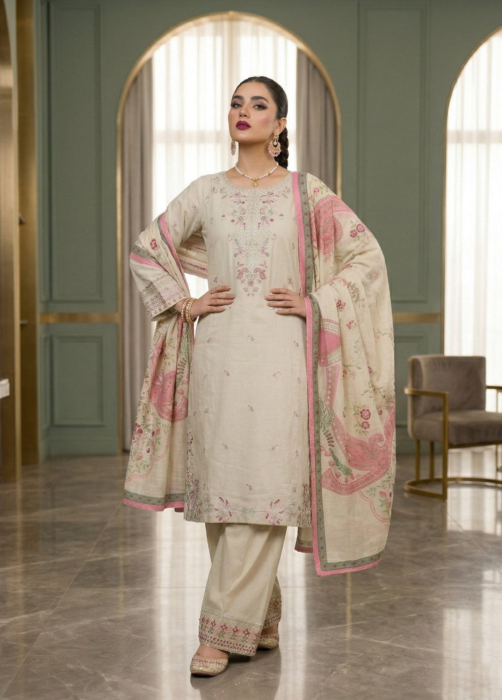 Zayra by Diara Couture RTW Embroidered Lawn 3 Piece Suit LAWN ZP-78 IVORY  - Festive Collection