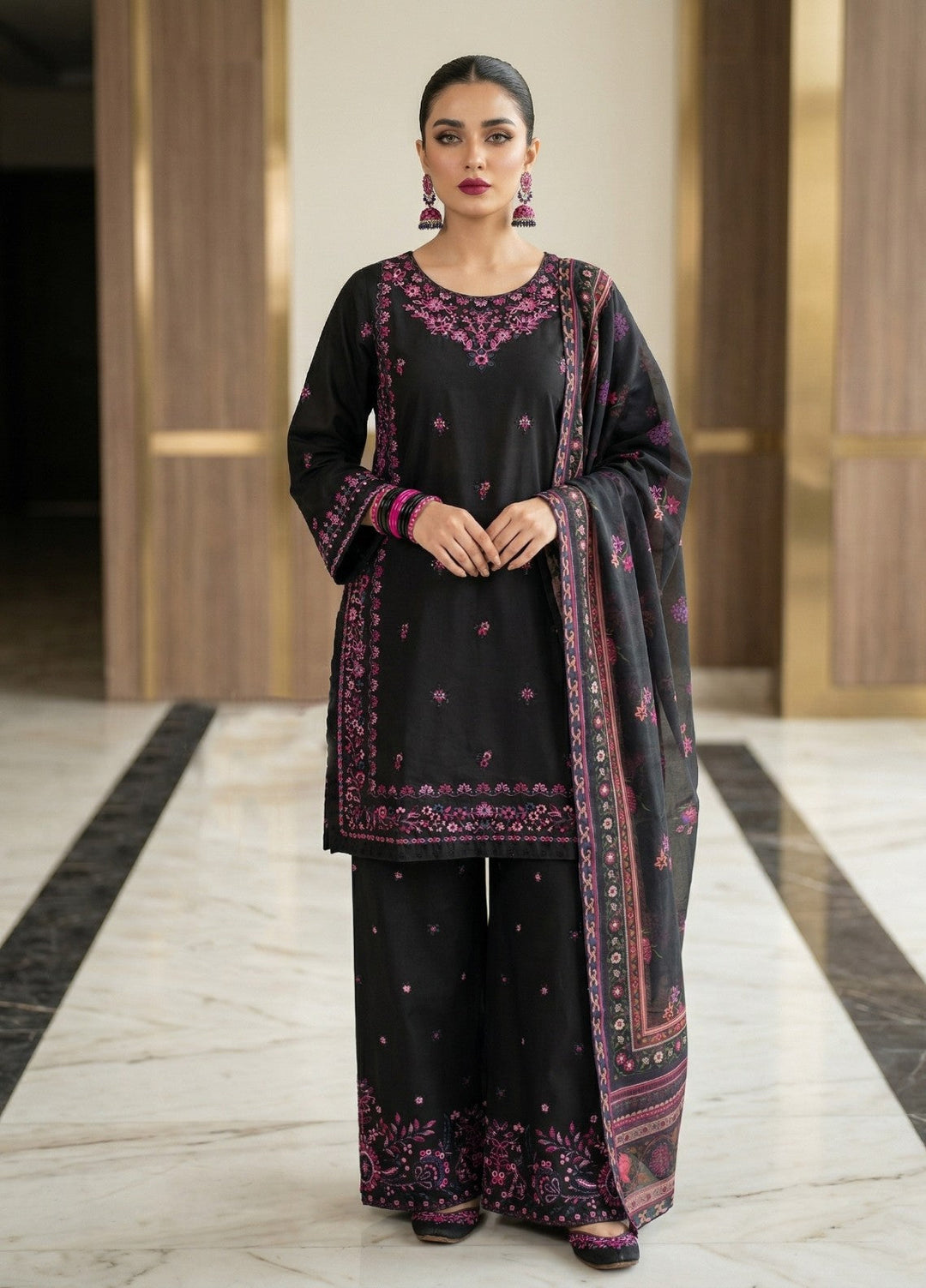 Zayra by Diara Couture RTW Embroidered Cotton 3 Piece Suit AVENZA ZP-80 BLACK  - Festive Collection