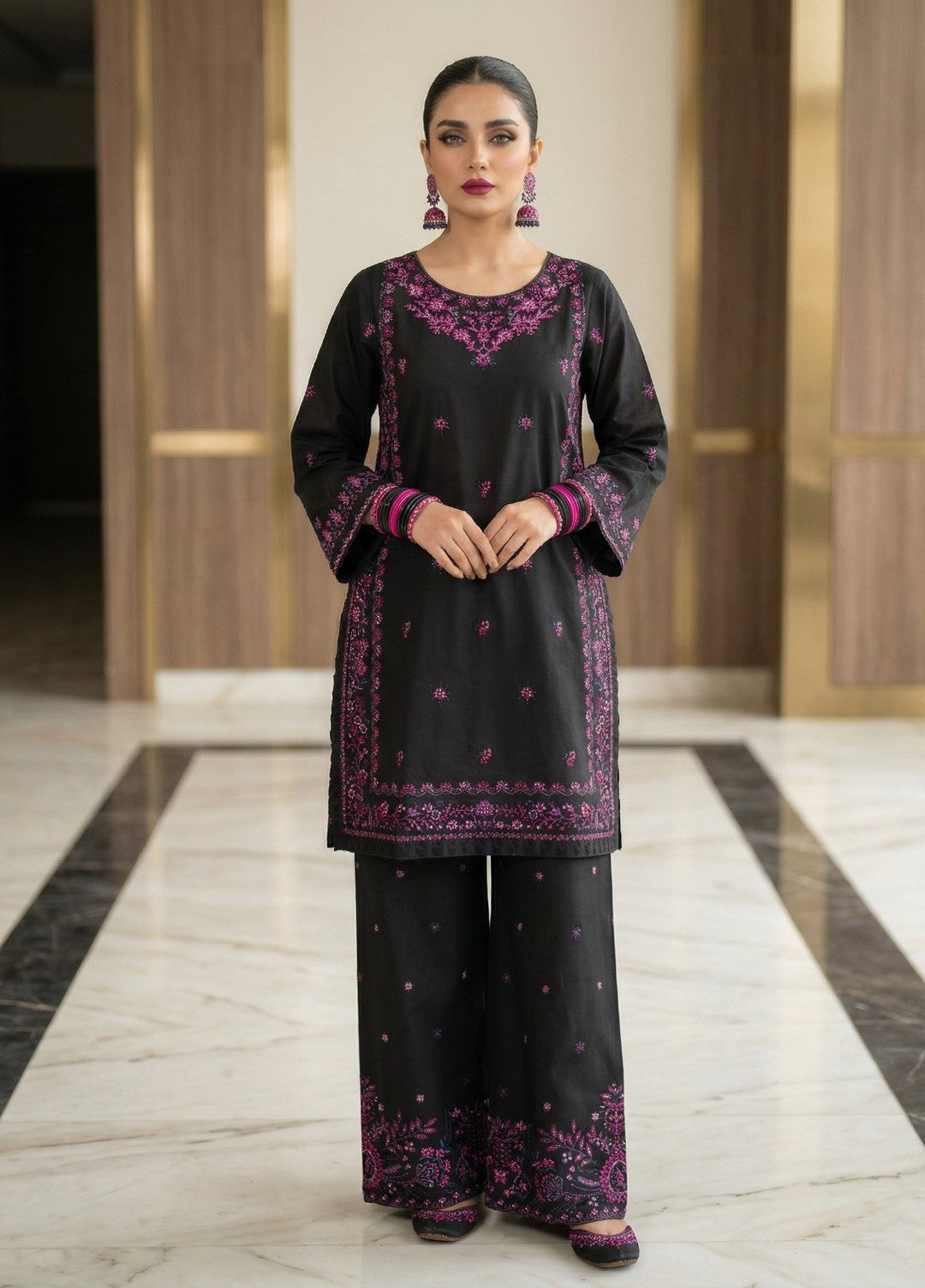 Zayra by Diara Couture RTW Embroidered Cotton 3 Piece Suit AVENZA ZP-80 BLACK  - Festive Collection